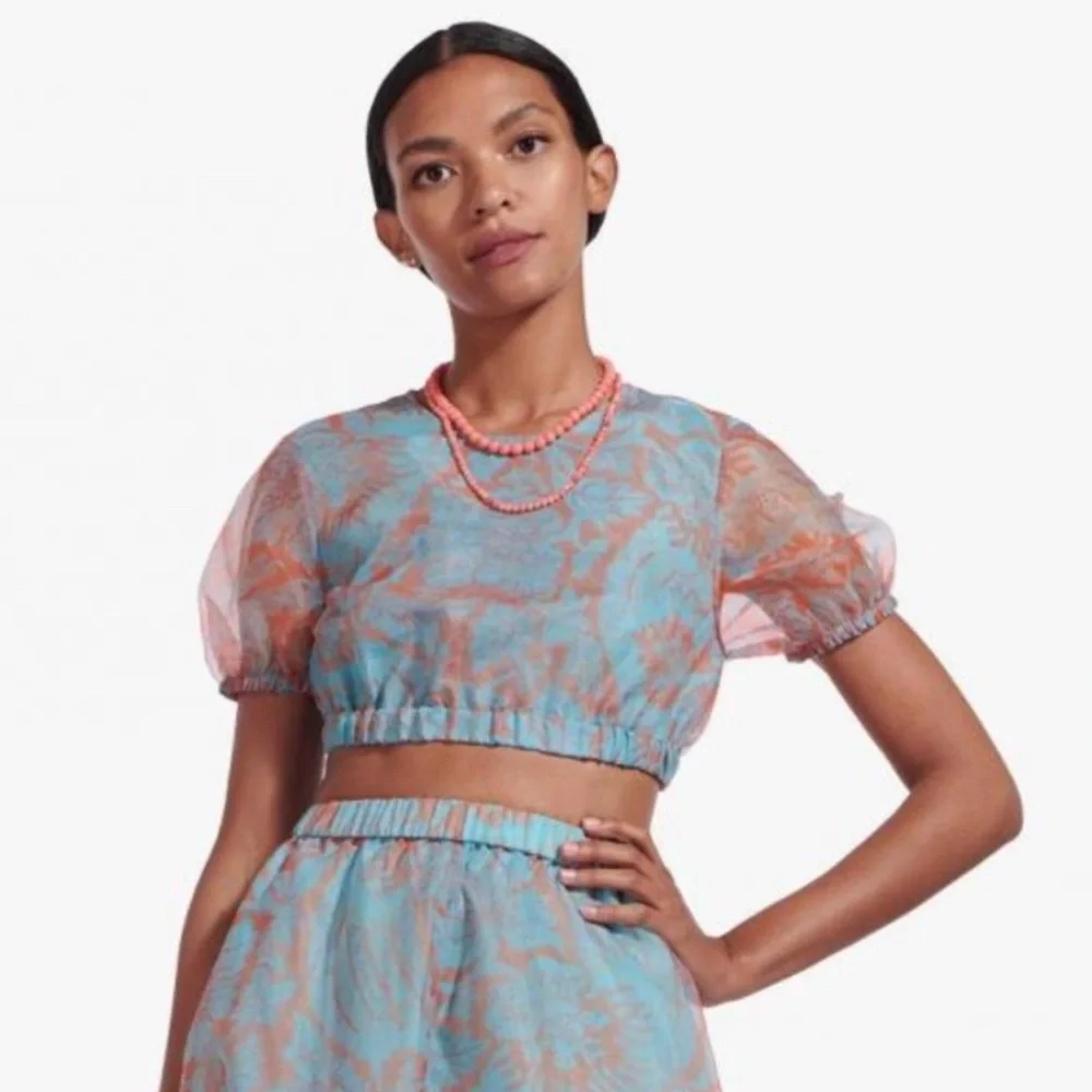 STAUD OUTFIT - FRIEZE TOP & MATTIA SKIRT in FLORAL WAVE TURQUOISE - Picture 1 of 6